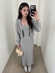 K-Vae Drop Shoulder Zip Up Hoodie & Cami Dress - Light Grey - View 3