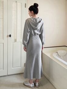 K-Vae Drop Shoulder Zip Up Hoodie & Cami Dress - Light Grey - View 2
