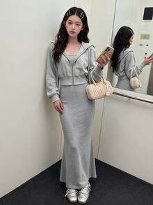 K-Vae Drop Shoulder Zip Up Hoodie & Cami Dress - Light Grey - View 1
