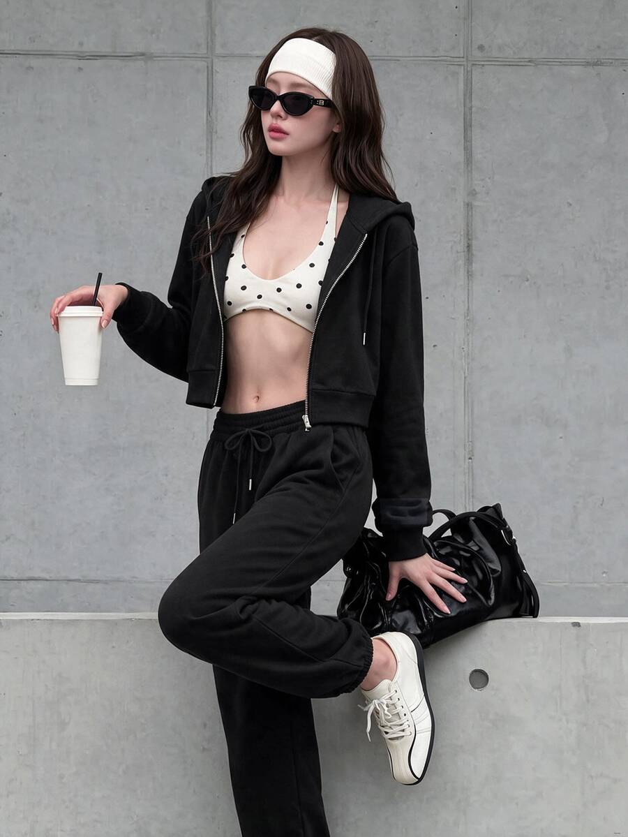 K-Vae Zip Up Drawstring Hoodie & Sweatpants - Black - View 1