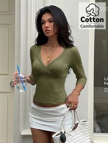 Aloruh Blue-Green V-Neck 3/4 Sleeve Slimming T-Shirt - Army Green - View 5