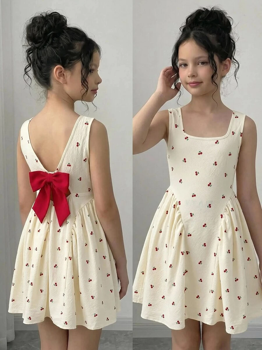 Firerie Kids Firerie Kids 少女時尚休閒梭織櫻桃印花紅色蝴蝶結無袖洋裝 - 彩色 - 查看 1