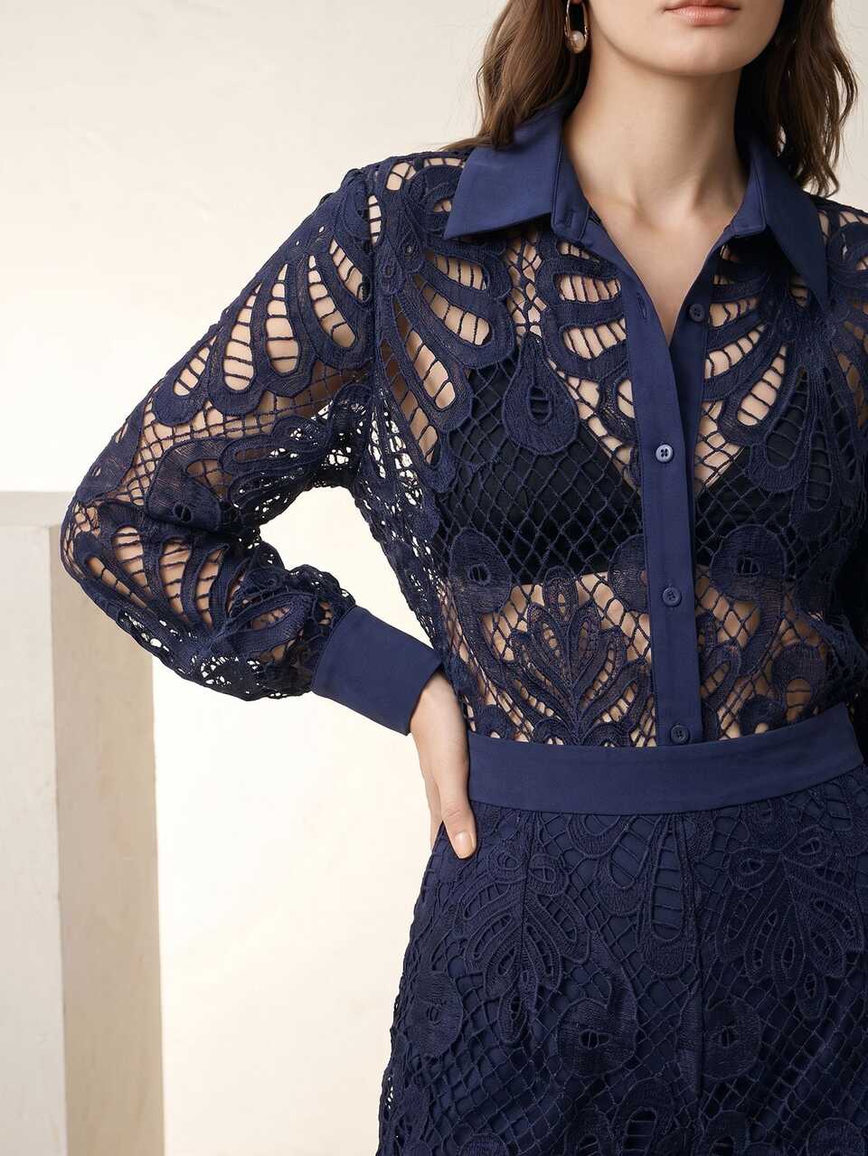 Elegant Romantic Hollow Water-Soluble Lace Lantern Sleeve Blouse & Wide Leg Pants Women's 2-Piece Set, Summer Set, Casual Sets For Women
