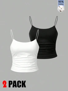 SHEIN EZwear 2件裝女款休閒貼身細肩帶背心上衣，95%棉，女款夏季，女款日常，夏季上衣 - 彩色 - 查看 9
