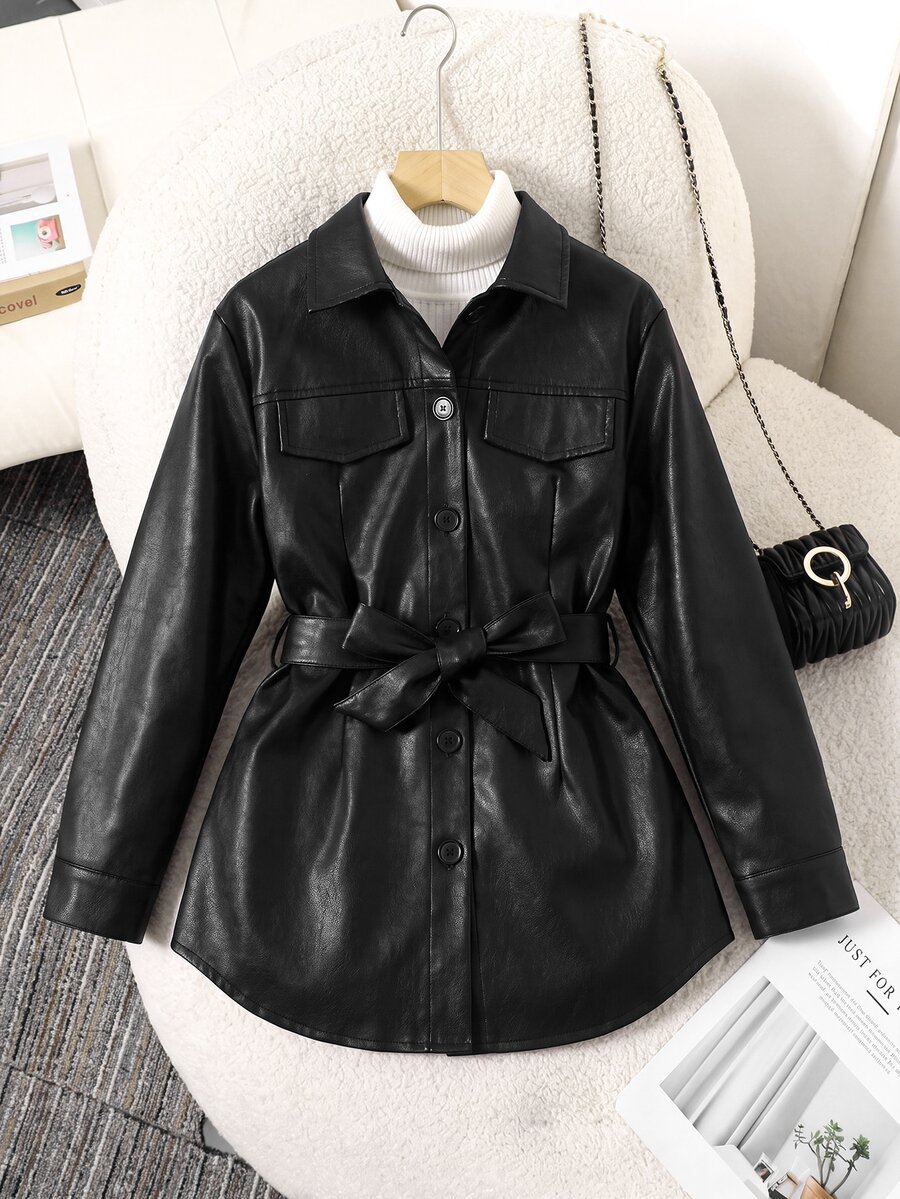 SHEIN Tween女孩童裝秋冬休閒街頭風酷感PU夾領口袋翻蓋裝飾側縫插袋前排扣腰帶收腰中長版夾克,適合返校季、秋冬出遊、日常穿著 - 黑色 - 查看 1