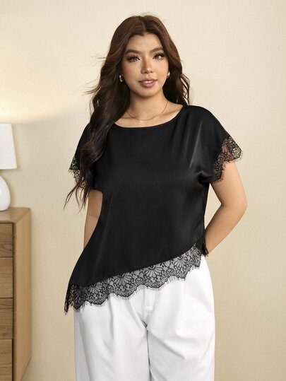 Juhart Women's Plus Size Satin Lace Trim Pullover, Asymmetrical Short Sleeve, Asymmetrical Lace Patchwork, Casual Minimalist Loose Commute Black Blouse T-Shirt, Autumn New Arrival