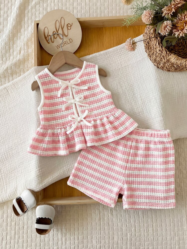 Baby Girls Pink Striped Knit Tank Top And Shorts Outfit For Summer Toddler Two Piece Set With Bows - Pink - View 1