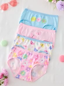 SHEIN 4件組幼女內褲 柔軟針織內衣褲 花朵蝴蝶甜甜圈冰淇淋印花 日常穿著 嬰兒粉 白色 冬季 - 彩色 - 查看 4