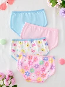 SHEIN 4件組幼女內褲 柔軟針織內衣褲 花朵蝴蝶甜甜圈冰淇淋印花 日常穿著 嬰兒粉 白色 冬季 - 彩色 - 查看 3
