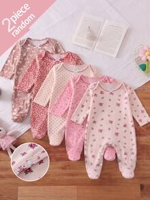 Newborn Fashionable Comfortable Soft Cozy Fresh Forest Style Trim Curved Inlay Decor Small Bow Long Sleeve Footed Romper Home Wear - Multicolor - View 2