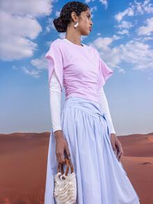SHEIN EZwear 休閒極簡風 1064 粉色細條紋滿版印花 95% 棉針織女款 T-shirt，適合春夏季 - 彩色 - 查看 8