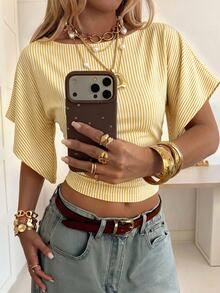 SHEIN EZwear 休閒簡約黃色系 164 細條紋滿版印花 95% 棉針織女款 T-Shirt，適合春夏季 - 彩色 - 查看 4