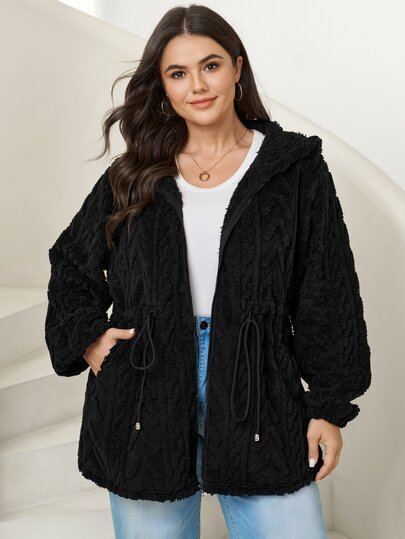 Comfylo Plus Drawstring Waist Hooded Coat Black Autumn Normal Fall