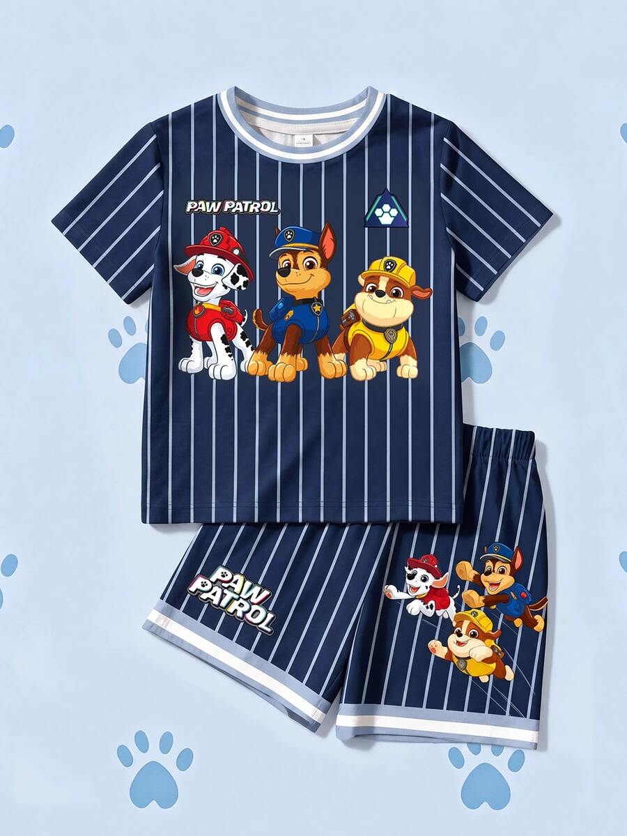 SHEIN | PAW Patrol Young Boy Summer Casual Striped Dog Print Short Sleeve T-Shirt And Shorts Set - White - View 1