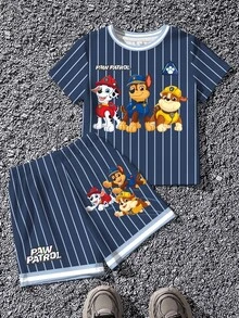 SHEIN | PAW Patrol Young Boy Summer Casual Striped Dog Print Short Sleeve T-Shirt And Shorts Set - White - View 2