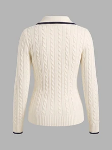 SHEIN Teen Girl Striped V-Collar College Style Contrast Color Knit Fitted Comfortable Pullover Sweater Fall/Winter - White - View 8