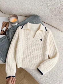 SHEIN Teen Girl Striped V-Collar College Style Contrast Color Knit Fitted Comfortable Pullover Sweater Fall/Winter - White - View 1