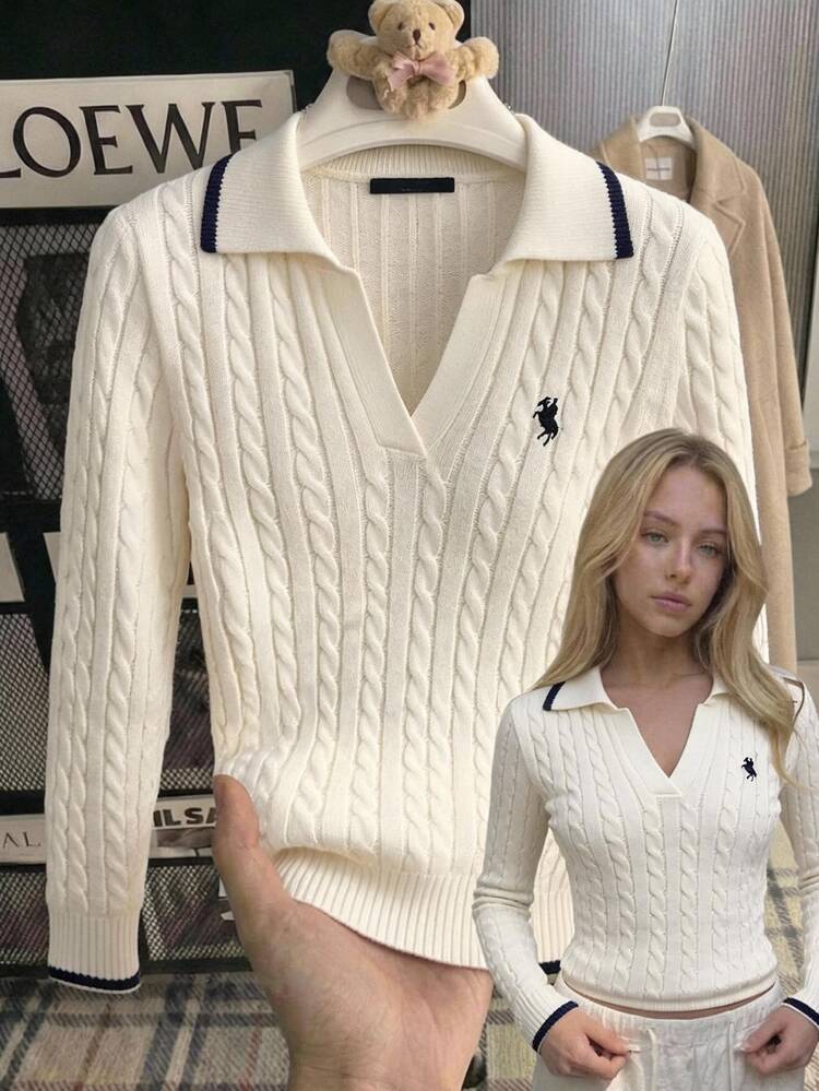 Teen Girl Striped V-Collar College Style Contrast Color Knit Fitted Comfortable Pullover Sweater Fall/Winter - White - View 2