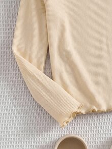 3-PCS Set,Baby Girls' Ribbed Long Sleeve Mock Neck Lettuce Trim Shirt Set For Everyday - Mocha Brown - View 3