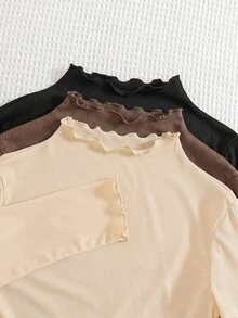 3-PCS Set,Baby Girls' Ribbed Long Sleeve Mock Neck Lettuce Trim Shirt Set For Everyday - Mocha Brown - View 2