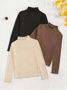 3-PCS Set,Baby Girls' Ribbed Long Sleeve Mock Neck Lettuce Trim Shirt Set For Everyday - Mocha Brown - View 5