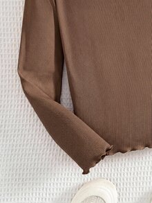 3-PCS Set,Baby Girls' Ribbed Long Sleeve Mock Neck Lettuce Trim Shirt Set For Everyday - Mocha Brown - View 4