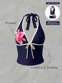 Elavelle Women's Spring/Summer Bowknot Spaghetti Strap Printed Bikini Top - Multicolor - View 1