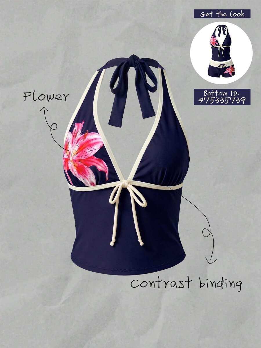 Elavelle Women's Spring/Summer Bowknot Spaghetti Strap Printed Bikini Top - Multicolor - View 1
