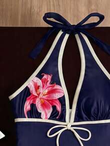 Elavelle Women's Spring/Summer Bowknot Spaghetti Strap Printed Bikini Top - Multicolor - View 4