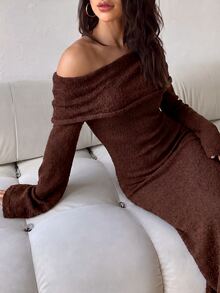 Aloruh 女款秋冬露肩翻領超長毛絨針織洋裝 - 咖啡棕 - 查看 6