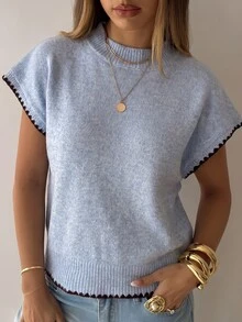 Aloruh Women's Round Neck Contrast Trim Shell Embroidery Sweater Vest - Baby Blue - View 7