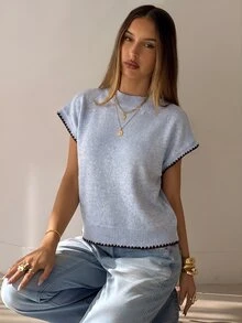 Aloruh Women's Round Neck Contrast Trim Shell Embroidery Sweater Vest - Baby Blue - View 4