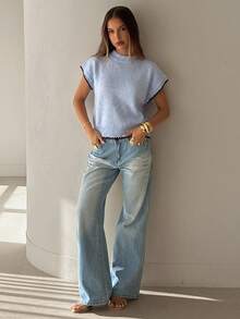 Aloruh Women's Round Neck Contrast Trim Shell Embroidery Sweater Vest - Baby Blue - View 6