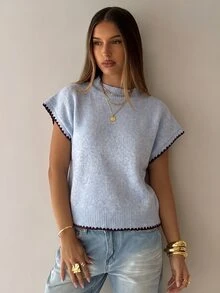 Aloruh Women's Round Neck Contrast Trim Shell Embroidery Sweater Vest - Baby Blue - View 5