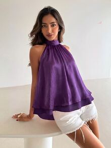 Aloruh 女款優雅亮粉色露背上衣 - 紫色 - 查看 6