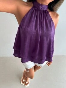 Aloruh 女款優雅亮粉色露背上衣 - 紫色 - 查看 5