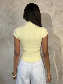 Aloruh 女款修身蕾絲拼接立領針織衫，淡綠色，秋季浪漫休閒早午餐風 - 淡黃色 - 查看 2