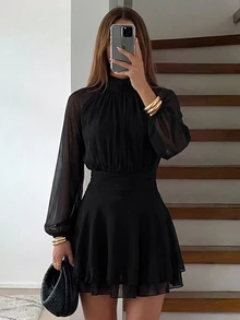 Aloruh 女款秋冬新款長袖修身A字喇叭裙，年輕街頭風約會外出教師穿搭，浪漫紫色紮染網格印花立領繫帶洋裝 - 黑色 - 查看 4