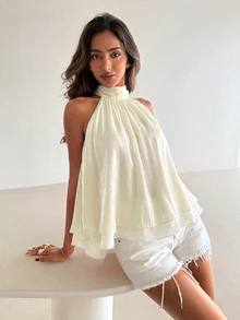 Aloruh 女款優雅亮粉色露背上衣 - 杏色 - 查看 6