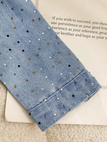 SHEIN 2件組少女牛仔套裝，四季皆宜，柔軟棉質休閒款，時尚百搭舒適，簡約經典翻領長袖上衣＋簡約裙子，正面全寬彩色水鑽設計，寬鬆版型，淺藍色水洗牛仔套裝，適合日常穿著與度假 - 淺色水洗藍 - 查看 6