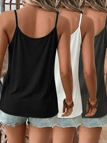 SHEIN LUNE 3piezas/Set Camisola de tirantes de punto jacquard con rayas de color contrastante y decoración de encaje, adecuada para primavera y verano - Multicolor - Ver 2