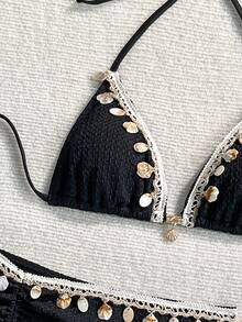 SHEIN Swim 3件組針織提花布料掛脖綁帶金屬吊墜比基尼罩衫與迷你裙套裝 - 黑色 - 查看 6