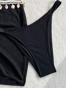 SHEIN Swim 3件組針織提花布料掛脖綁帶金屬吊墜比基尼罩衫與迷你裙套裝 - 黑色 - 查看 7
