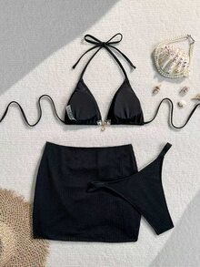 SHEIN Swim 3件組針織提花布料掛脖綁帶金屬吊墜比基尼罩衫與迷你裙套裝 - 黑色 - 查看 2