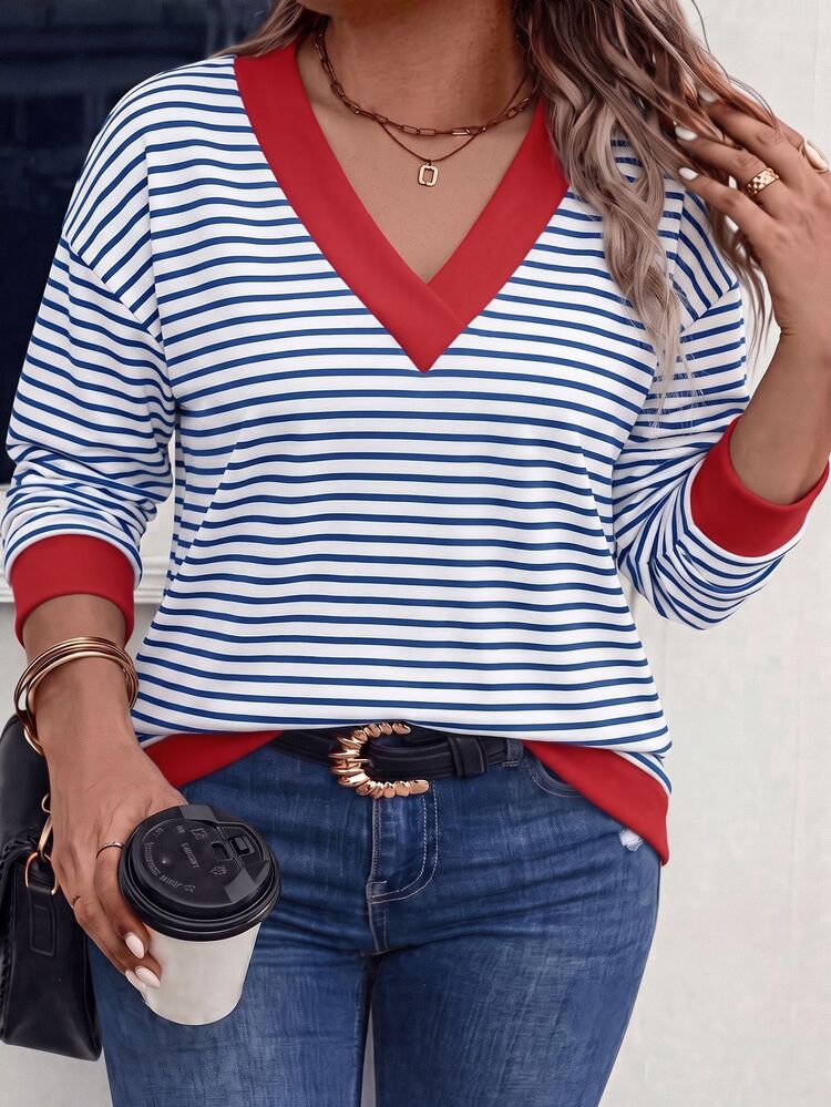 SHEIN LUNE Plus Size Women's Striped V-Neck Drop Shoulder Long Sleeve Casual Sweatshirt - Multicolor - View 3