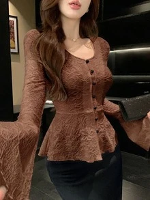 DAZY ملابس علوية نسائية سوداء أنيقة للخريف لموعد عشاء، بتصميم ضيق وأكمام واسعة، ملابس علوية مزخرفة بطيات وكشكشة مرقعة لحفلات الزفاف، الربيع - بني - مشاهدة 4