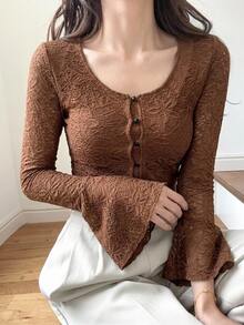 DAZY ملابس علوية نسائية سوداء أنيقة للخريف لموعد عشاء، بتصميم ضيق وأكمام واسعة، ملابس علوية مزخرفة بطيات وكشكشة مرقعة لحفلات الزفاف، الربيع - بني - مشاهدة 5