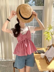 DAZY 2pcs Women's Plaid Casual Twist Ruffle Strap Shirt Set Fall/Winter Lounge Sets For Women Cute Tops - Red - View 6