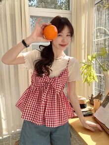 DAZY 2pcs Women's Plaid Casual Twist Ruffle Strap Shirt Set Fall/Winter Lounge Sets For Women Cute Tops - Red - View 7