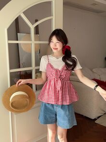 DAZY 2pcs Women's Plaid Casual Twist Ruffle Strap Shirt Set Fall/Winter Lounge Sets For Women Cute Tops - Red - View 5